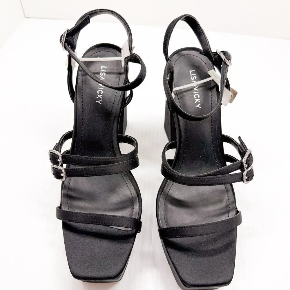 Lisa Vicky Babe-V Heels 9.5 Black Satin Strappy Platform Sandals Chunky Heel NIB
